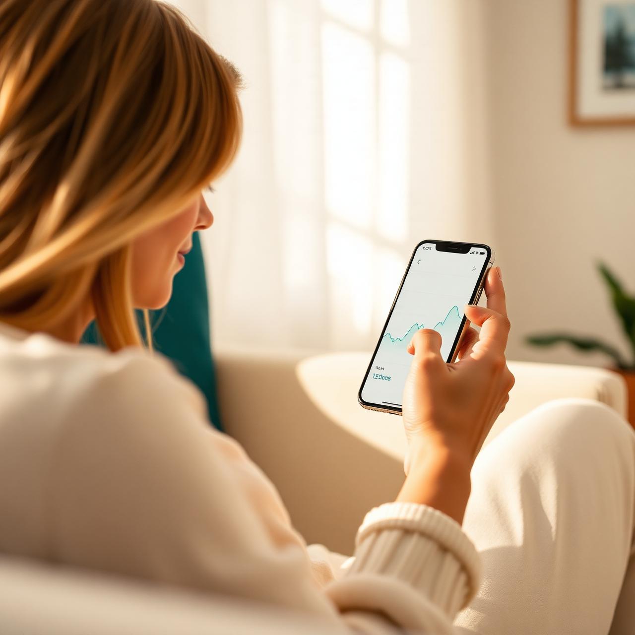 Woman viewing respiratory pattern chart on her phone at home